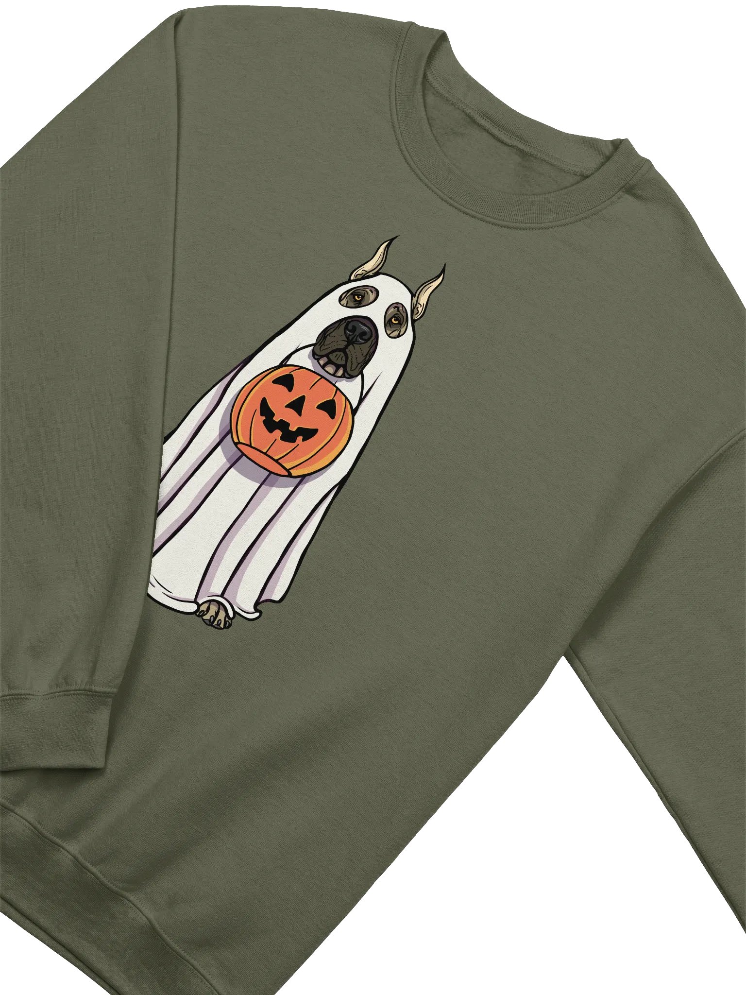 Funny Halloween Great Dane(Cropped Ears) Sweatshirt | Funny Great Dane Wearing a Ghost Costume and Holding a Pumpkin Basket product image (4)
