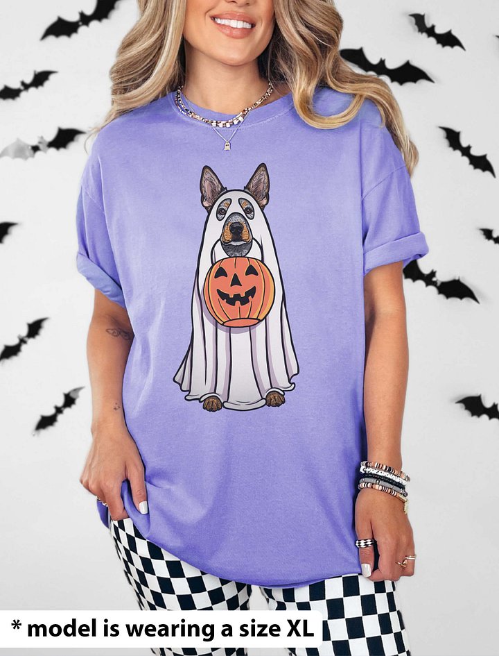 Funny Halloween Australian Cattle Dog T-Shirt | Funny Blue Heeler Wearing a Ghost Costume and Holding a Pumpkin Basket product image (2)
