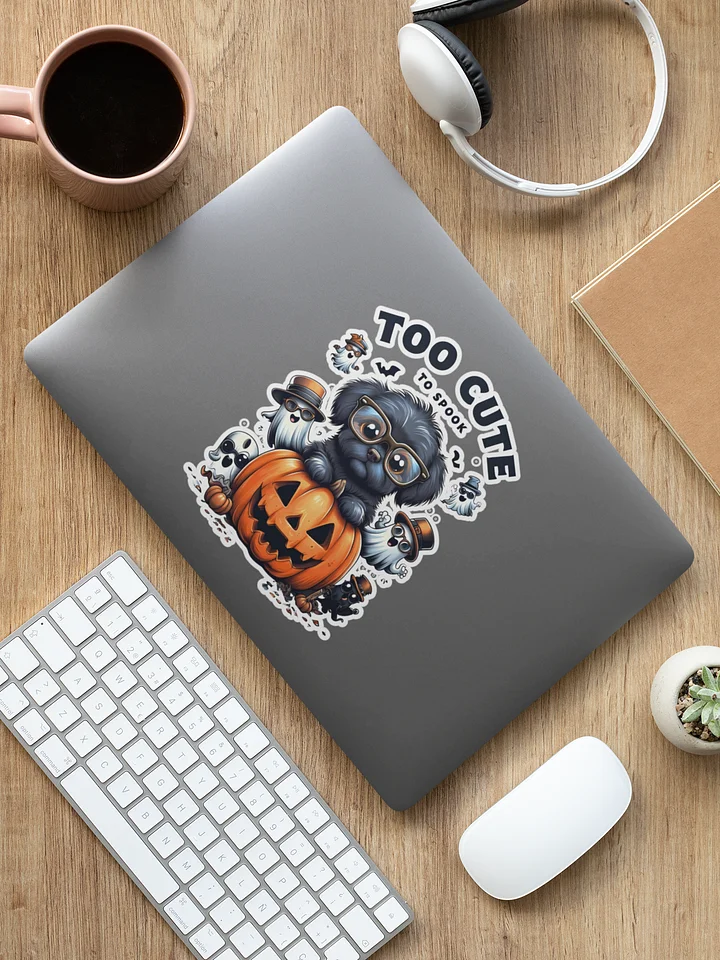 "Too Cute To Spook" Halloween Dog Vinyl Sticker | Waterproof Ghost & Pumpkin Decal for Laptops, Water Bottles product image (1)