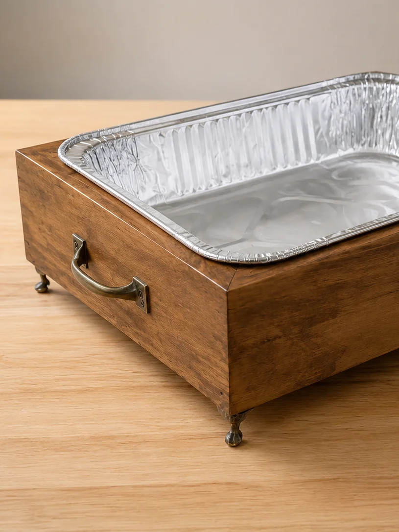 Handmade Wooden Buffet Server | Half-Size Steam Table Pan Holder with Antique Brass Handles & Decorative Feet | Rustic Serving Tray product image (3)