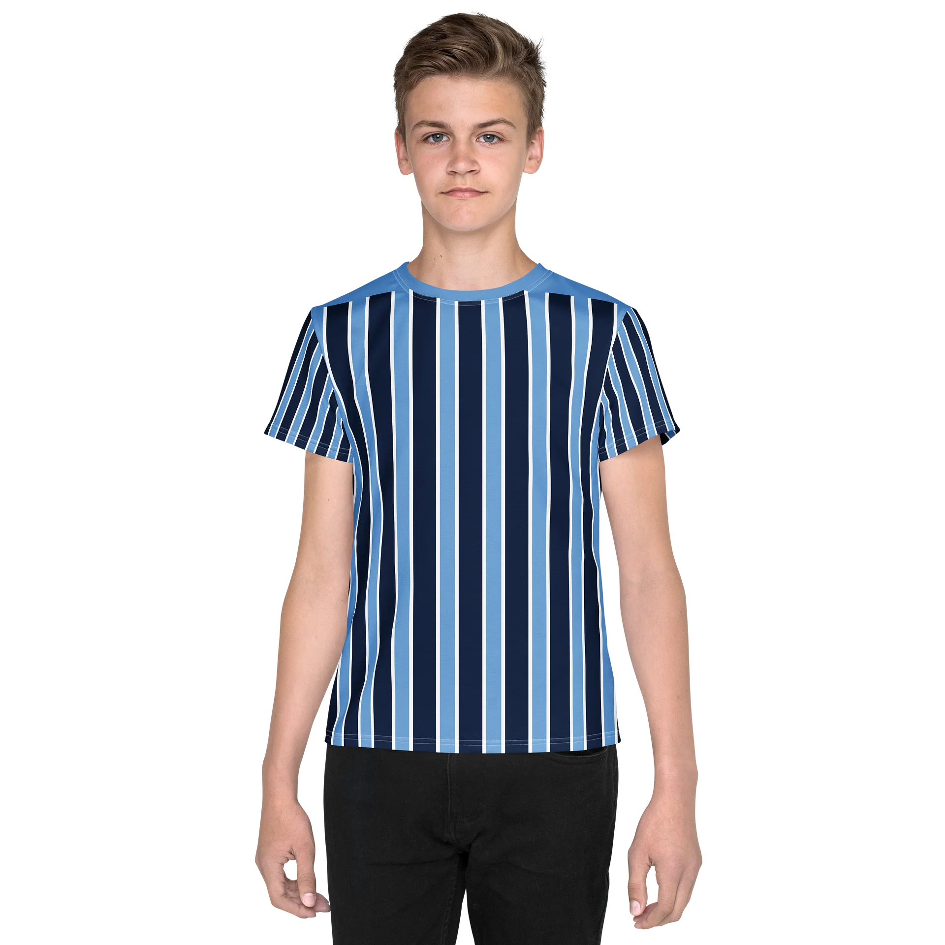 All-Over Navy Blue Stripe Youth Crew Neck T-Shirt product image (1)