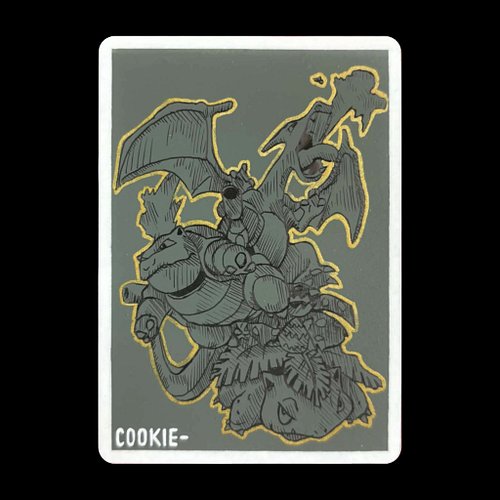 Starter trio sketched on a real Pokemon card, artwork based from original Pokemon artwork for the first games. Sketch on a bl...