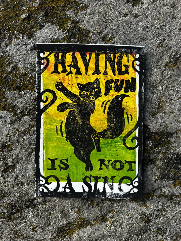 HAVING FUN IS NOT A SIN dancing cat original lino print (2) product image (1)