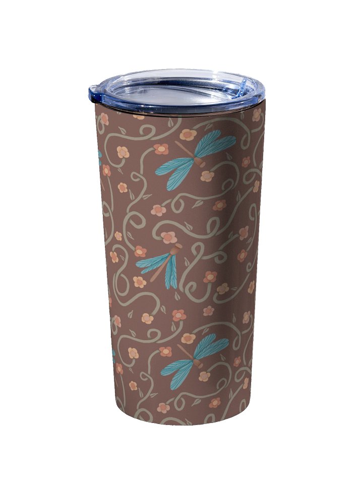 Stainless steel tumbler with dragonfly and floral design. Artistic and durable drinkware product image (2)