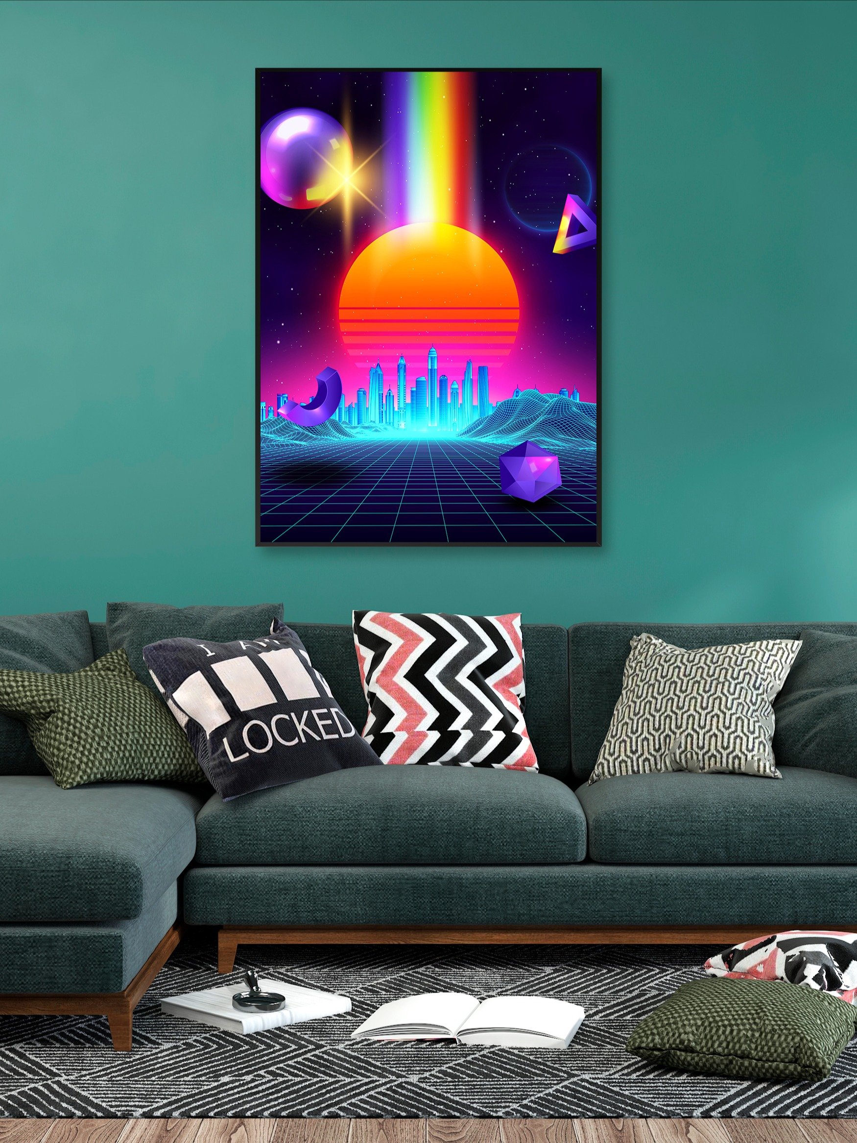 Neon sunset, city and sphere [synthwave/vaporwave/cyberpunk] — aesthetic art print product image (2)