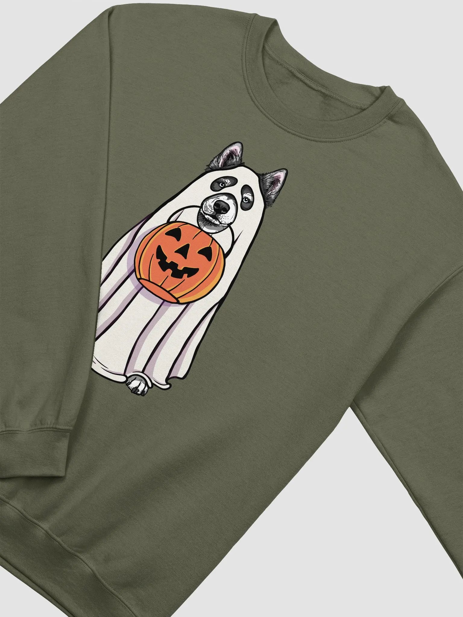 Funny Halloween Alaskan Malamute(Black) Sweatshirt | Funny Dog Wearing a Ghost Costume and Holding a Pumpkin Basket product image (4)