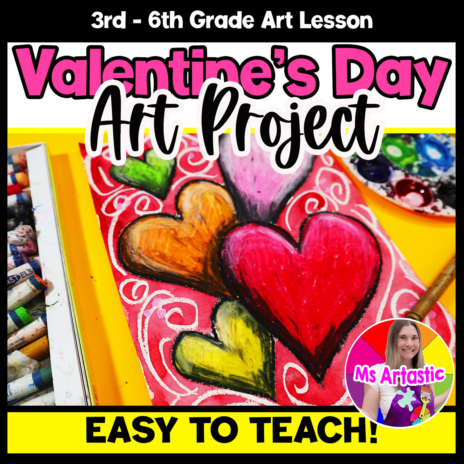Valentine’s Day Value Heart Art Project, Value Shading Hearts, Oil Pastel Watercolor Resist Art Lesson product image (1)