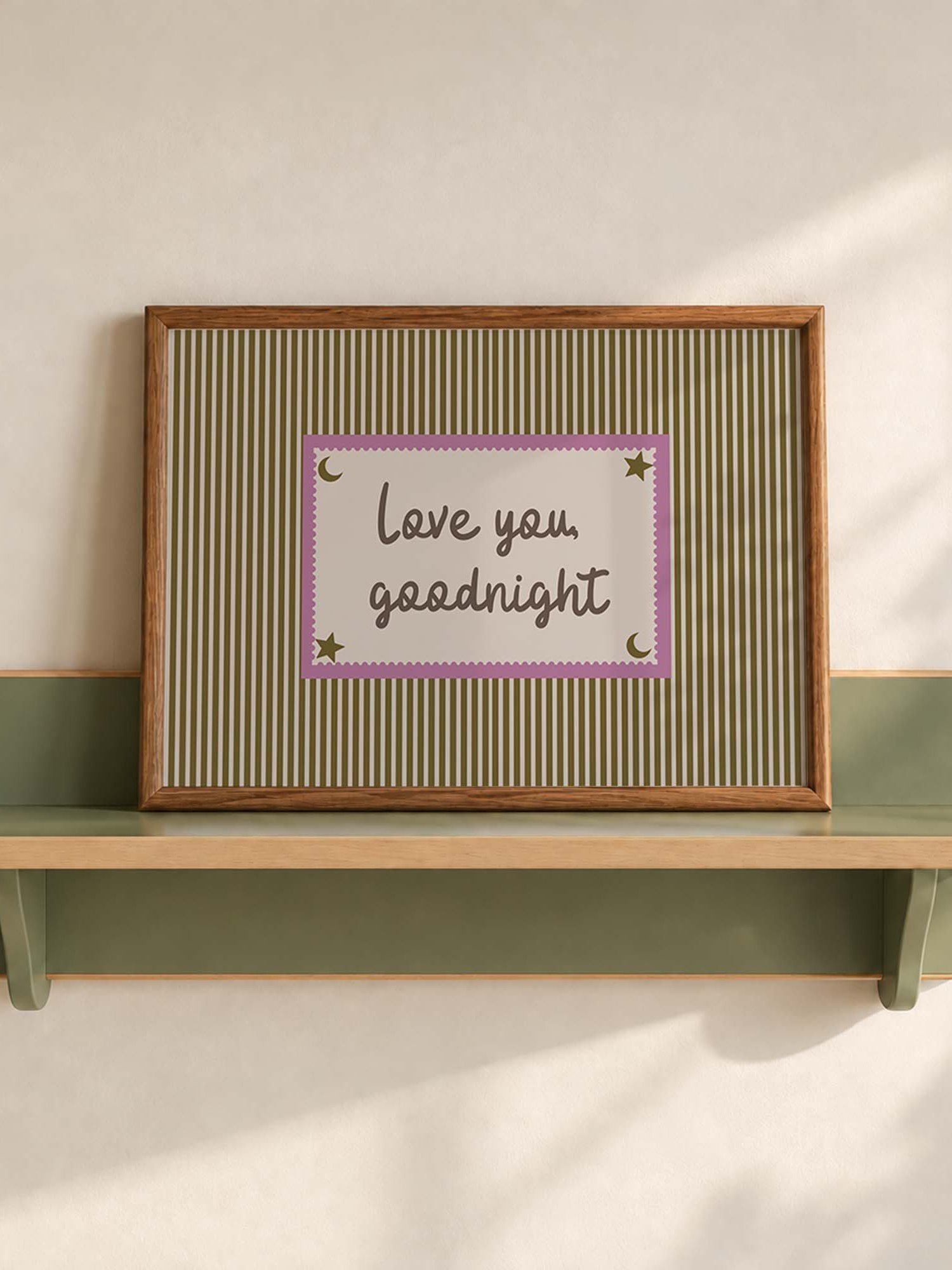 Love You Goodnight Print, Retro Striped Moon Star Wall Art, Handwritten Quote, Neutral Nursery Bedroom Decor, Horizontal Digital Download product image (1)