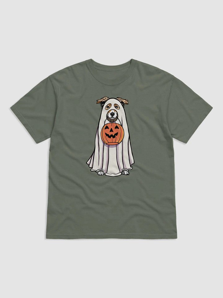Funny Halloween Australian Shepherd(Red Merle)T-Shirt | Funny Aussie Wearing a Ghost Costume and Holding a Pumpkin Basket product image (1)