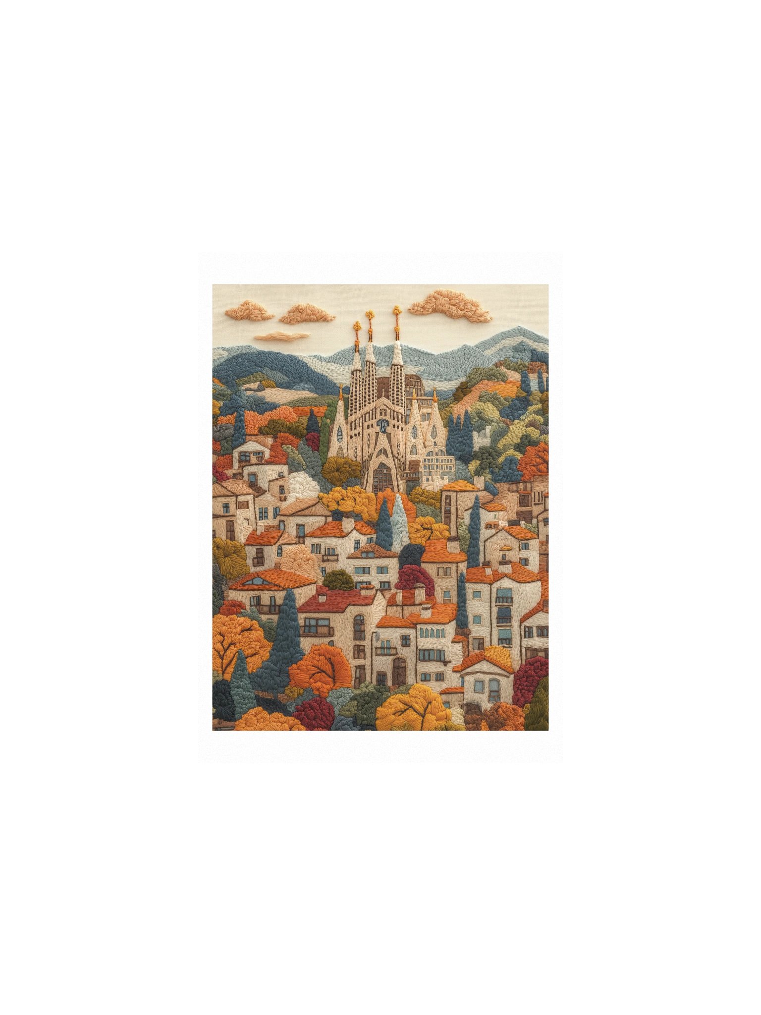 Barcelona in Stitches | Embroidery-Style Wall Art — Unframed Print product image (1)