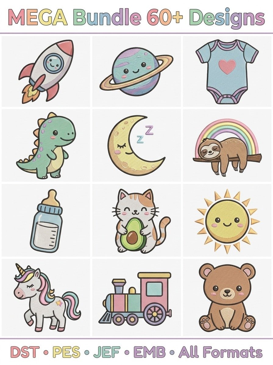 60+ Cute Kawaii Embroidery Design Bundle | Baby, Planets, Dinosaurs & Animals | DST PES JEF EMB Files | Instant Download product image (1)
