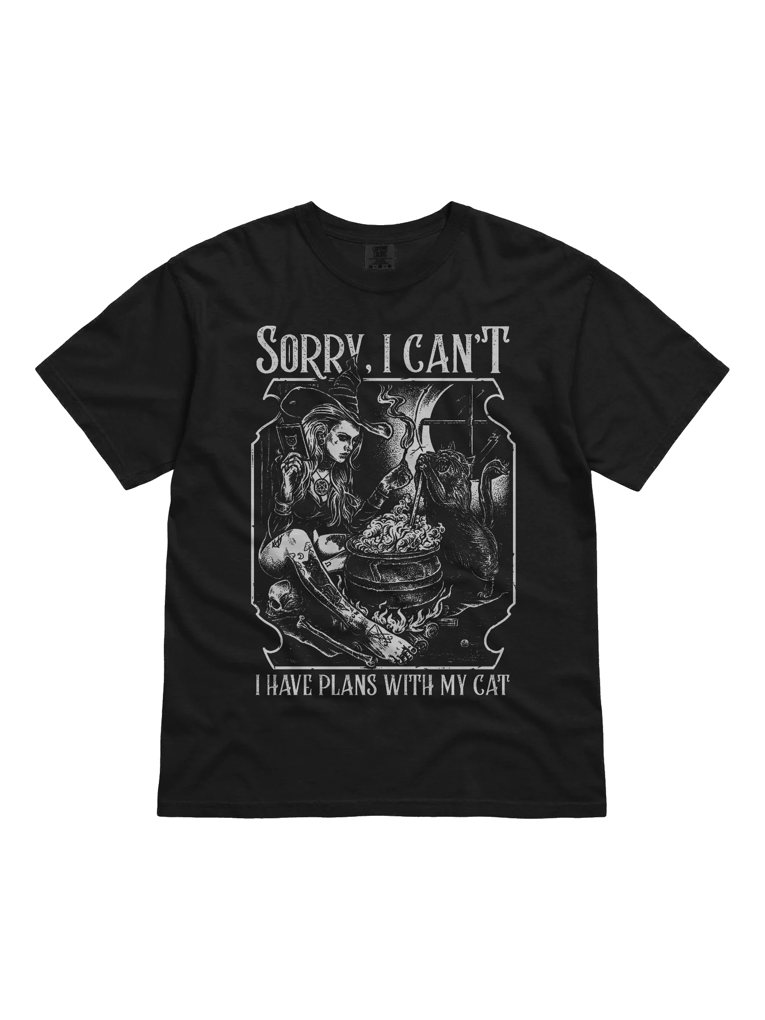 I Have Plans Witch My Cat Witch Girl t-shirt showing a witch's cat drinking from a cauldron with tarot cards nearby - a gift for cat lovers who cancel plans