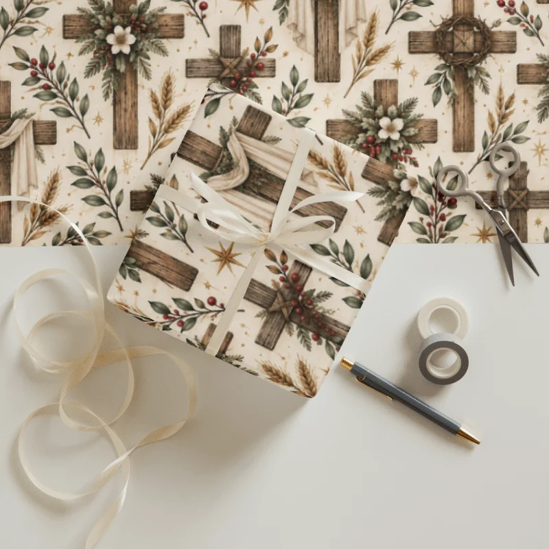 Rustic Faith Christmas Wrapping Paper Collection | Christian Nativity, Cross & Scripture Gift Wrap product image (5)