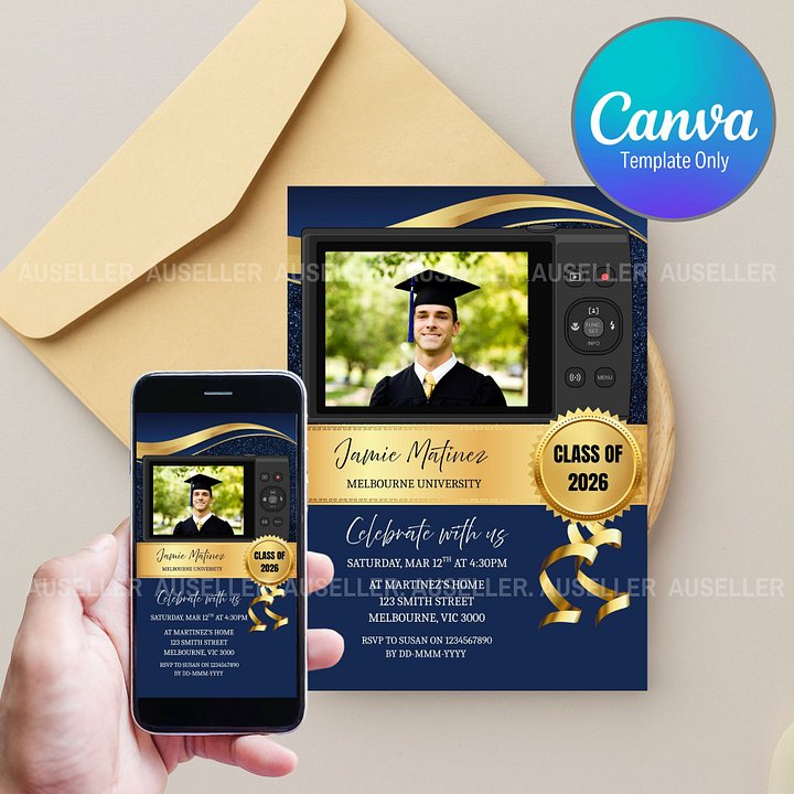Blue Gold Modern Graduation Photo Invitation 2026 Editable Canva Template product image (1)