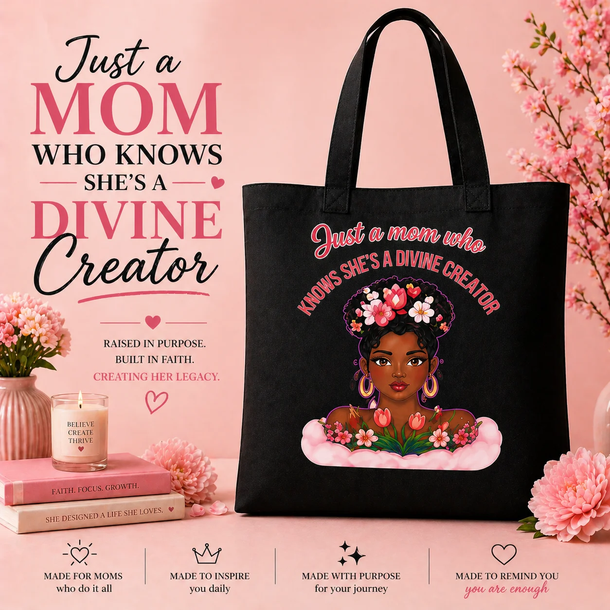 Just a Mom Who Knows She’s a Divine Creator Large Tote Bag | AOP Custom Tote w/ Pocket | Stylish Mom Bag | Everyday Carry | Gift for Mom product image (3)