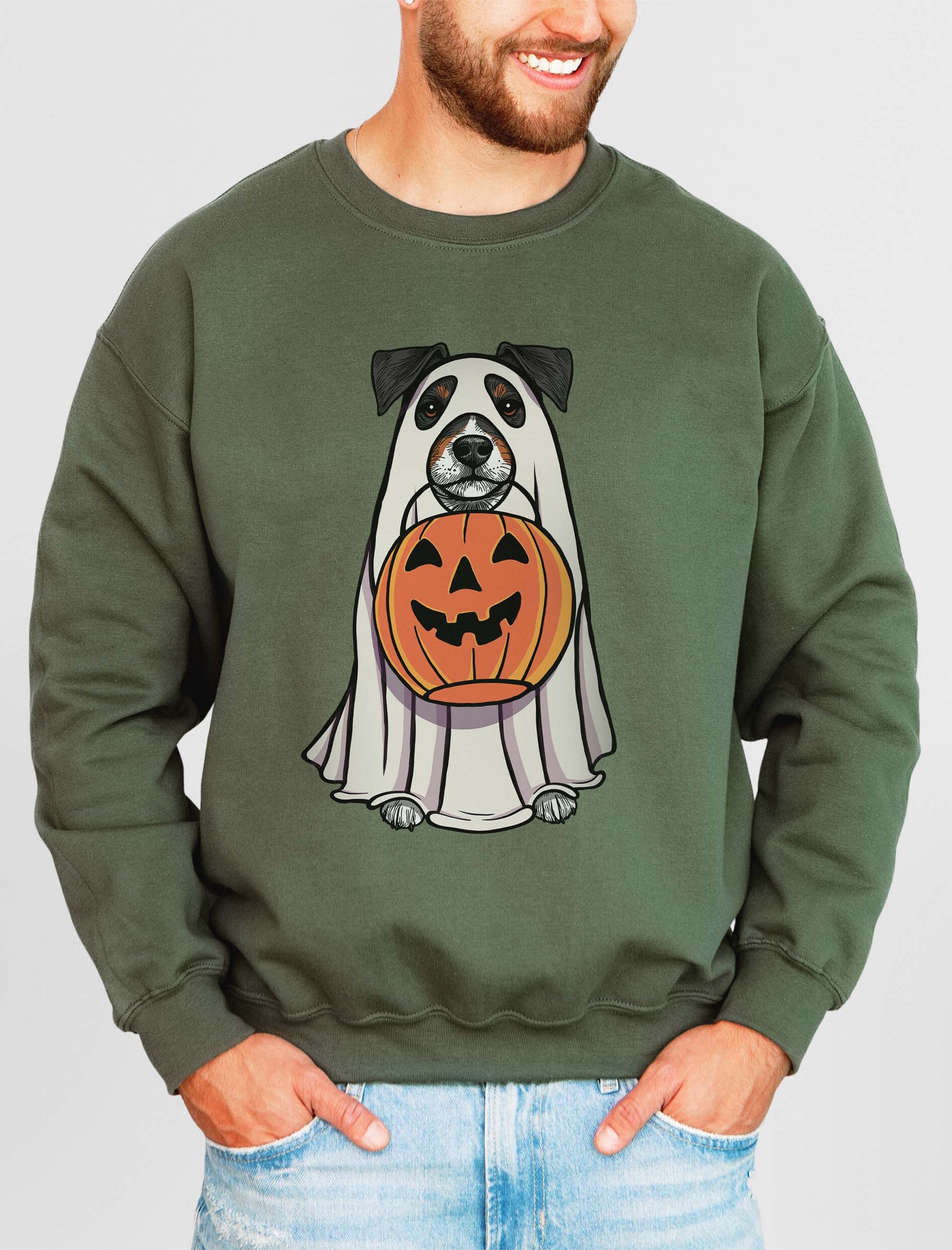 Funny Halloween Jack Russell Terrier(Tricolor) Sweatshirt | Funny JRT Wearing a Ghost Costume and Holding a Pumpkin Basket product image (2)