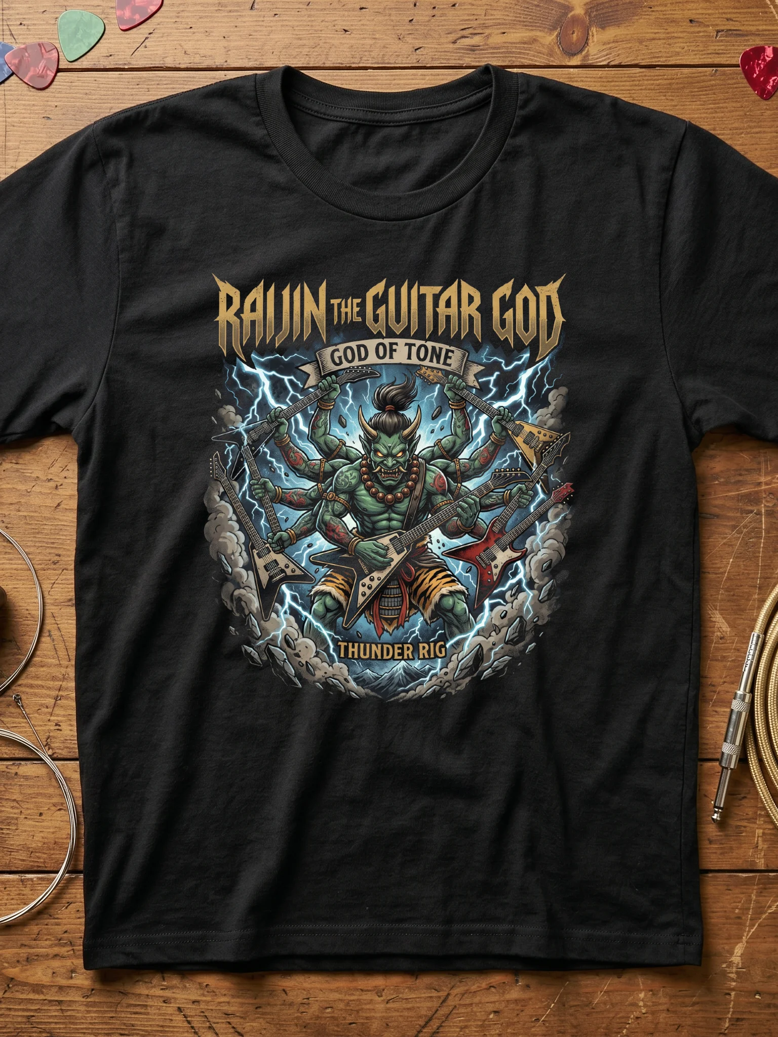 God of Tone Guitar T-Shirt — Raijin Japanese Thunder God Guitarist Tee | Heavy Metal Guitar Shirt product image (1)