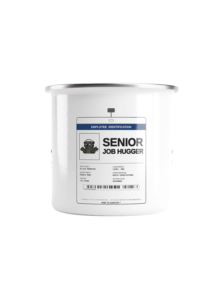 Senior Job Hugger Enamel Camp Mug: Hidden Corporate ID Badge Design product image (2)