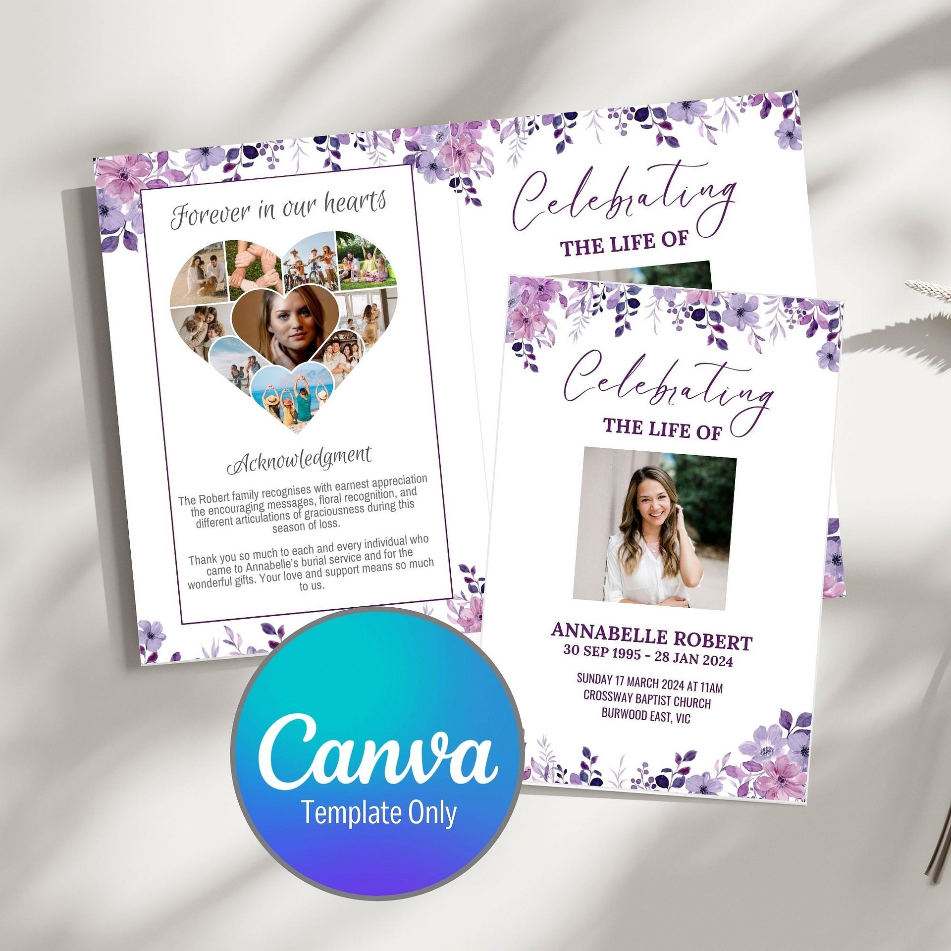 Purple Flowers Funeral Program Canva Template product image (1)