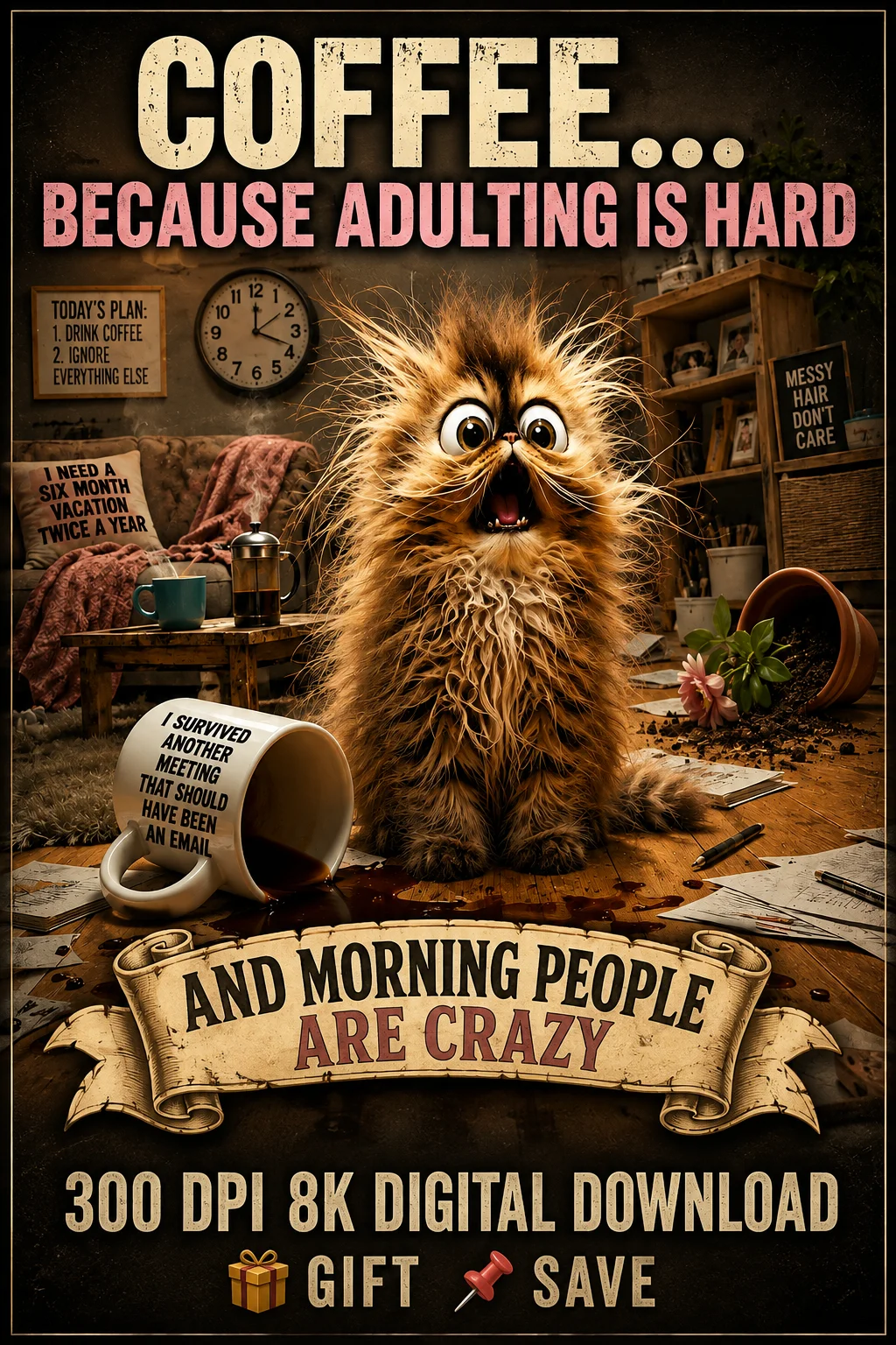 Funny Coffee Cat Wall Art Printable | Adulting Humor, 8x8 Digital Download, 8K, 300 DPI Gift product image (1)