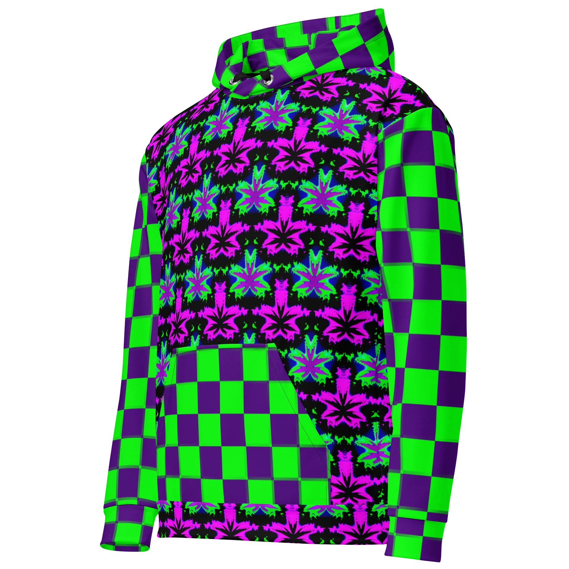 Pot Leaf 420 Festival Hoodie, Cannabis Clowncore Checkers Clothing, Neon Retro Raver Stoner Fashion, Twisted Techno Top, Weird Weed EDM Wear product image (5)