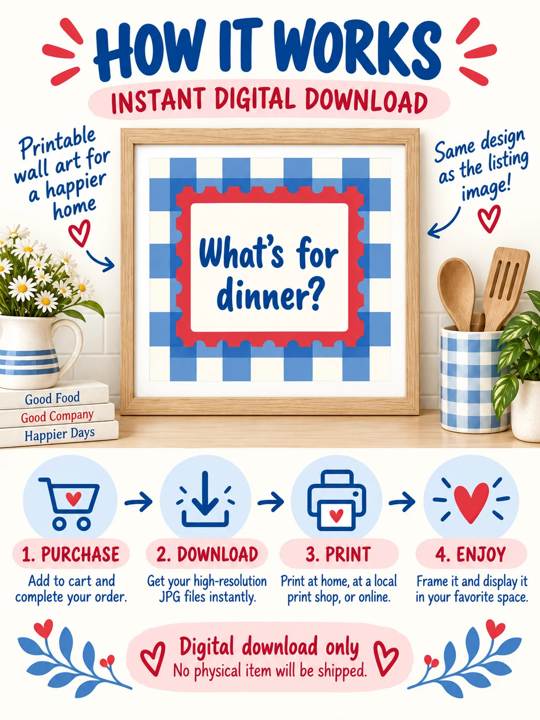 Yes Chef Kitchen Wall Art | Blue Gingham Cooking Quote | Retro Checkered Printable Poster product image (3)