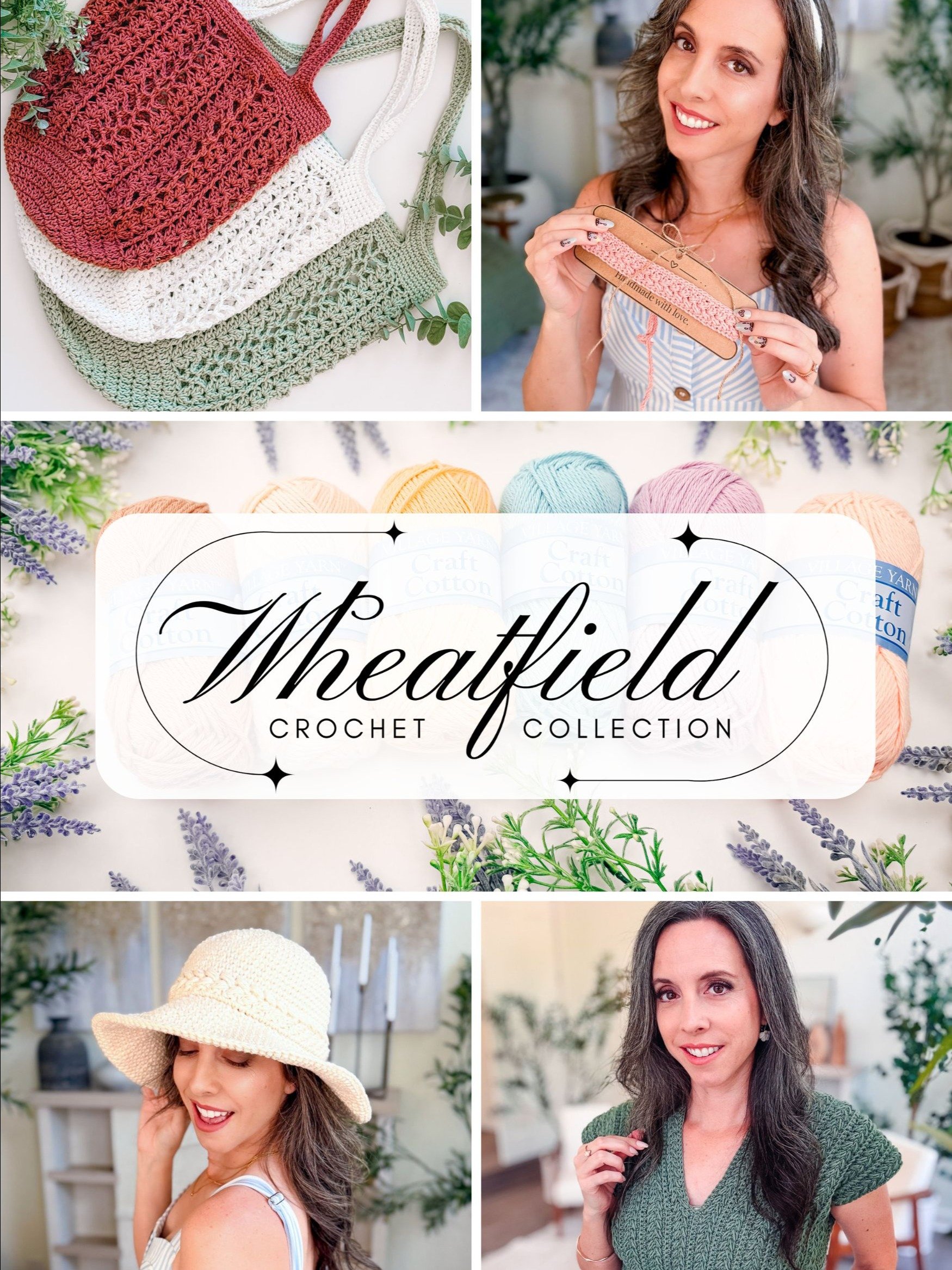 Wheatfield Crochet Pattern Collection, 4 PDF Patterns + Video | Wheat Stitch Sun Hat, Market Bag, Summer Top, Headband product image (1)