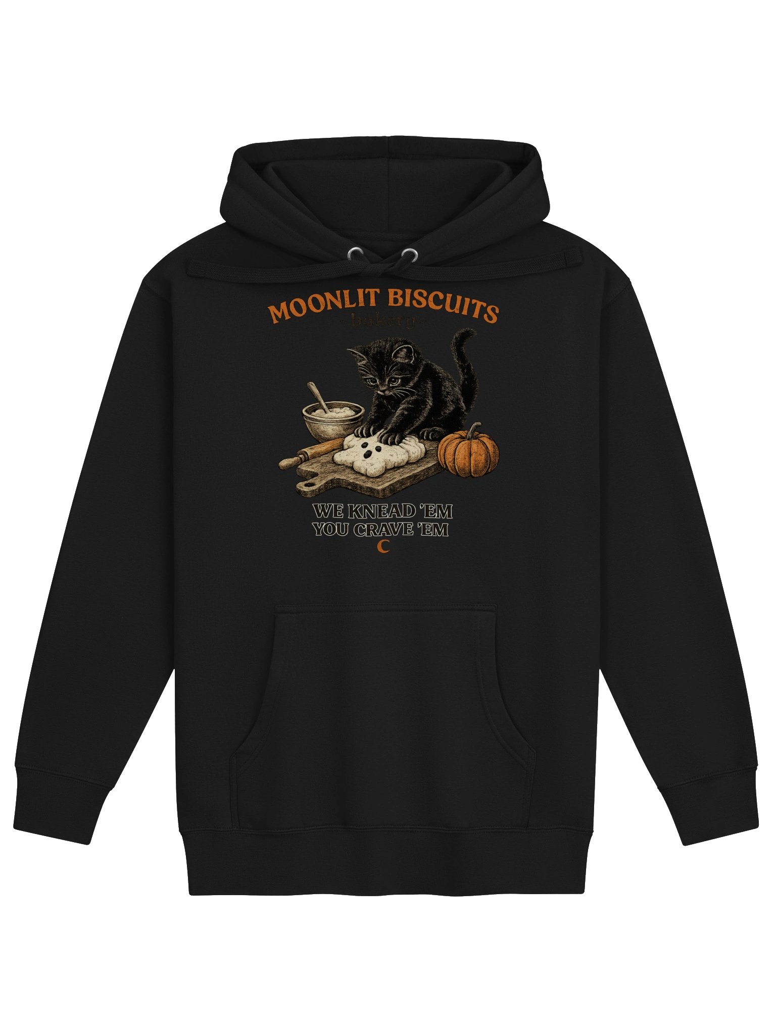 Moonlit Biscuits Black Cat Bakery Graphic Hoodie | Spooky Autumn Cat Sweatshirt product image (1)