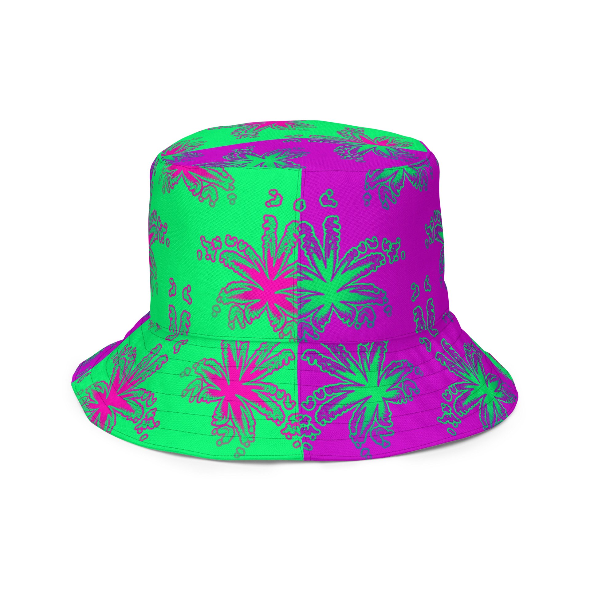Green Purple Pot Leaf Pattern Reversible Bucket Hat, Cannabis Summertime 420 Fashion Accessory product image (7)
