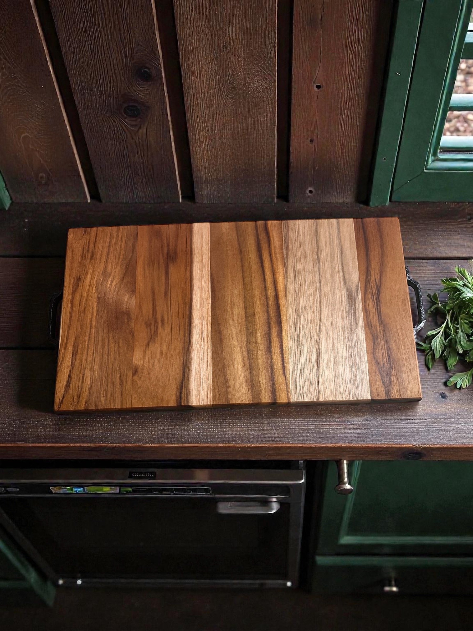 Solid Teak Cutting Board Amish Made Handles Raised Grain Food Safe product image (3)