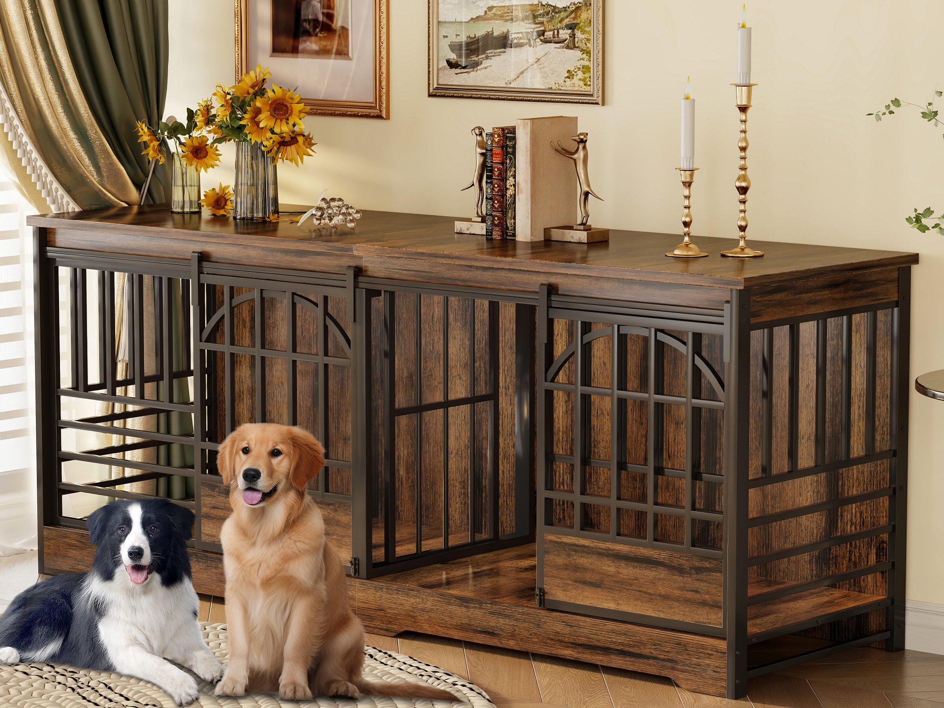 78 Inch Double Dog Crate Furniture, Extra Large Dog Kennel Indoor with Divider, Heavy Duty Dog Cage for 2 Dogs, Decorative Wooden Dog House Decorative Table TV Stand, Pet House for XLarge Dogs,Brown product image (1)