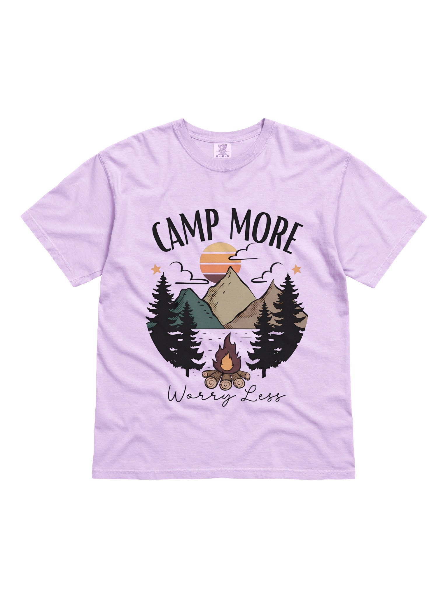 Camp More Worry Less T-Shirt – Vintage Sunset Mountain & Campfire Nature Shirt product image (7)