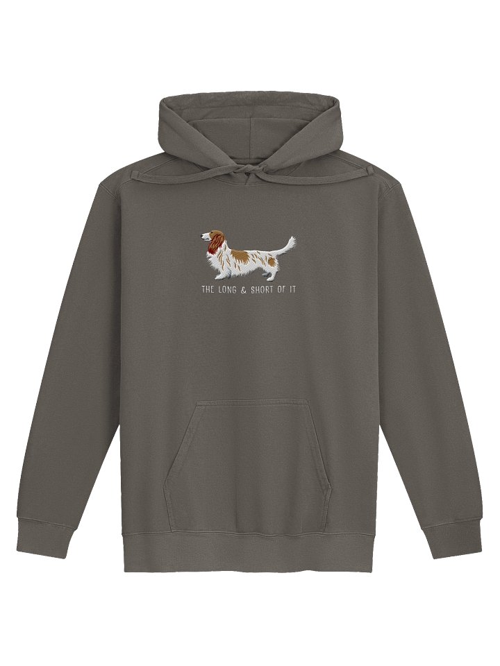 The Long & Short of It Premium Hoodie (Embroidered) of a Longhaired Dachshund(Pied Brown & White) product image (1)