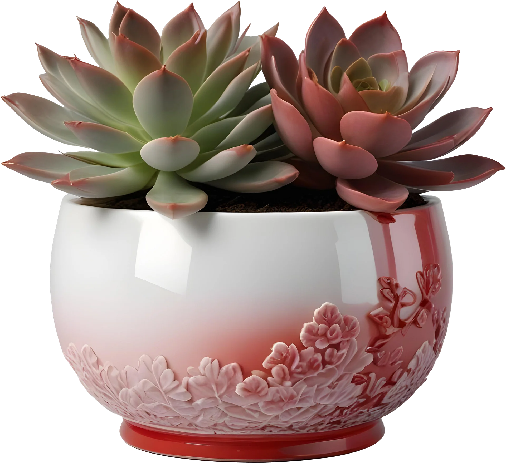 Chinese Porcelain Pot with Succulents – Red Gradient Floral Design PNG product image (1)