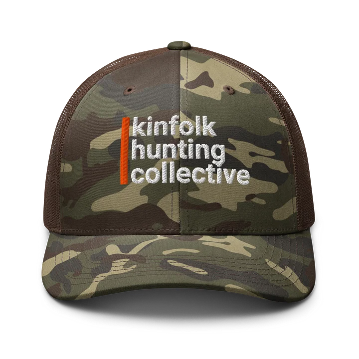 Camouflage Trucker Hat with Kinfolk Hunting Logo product image (1)