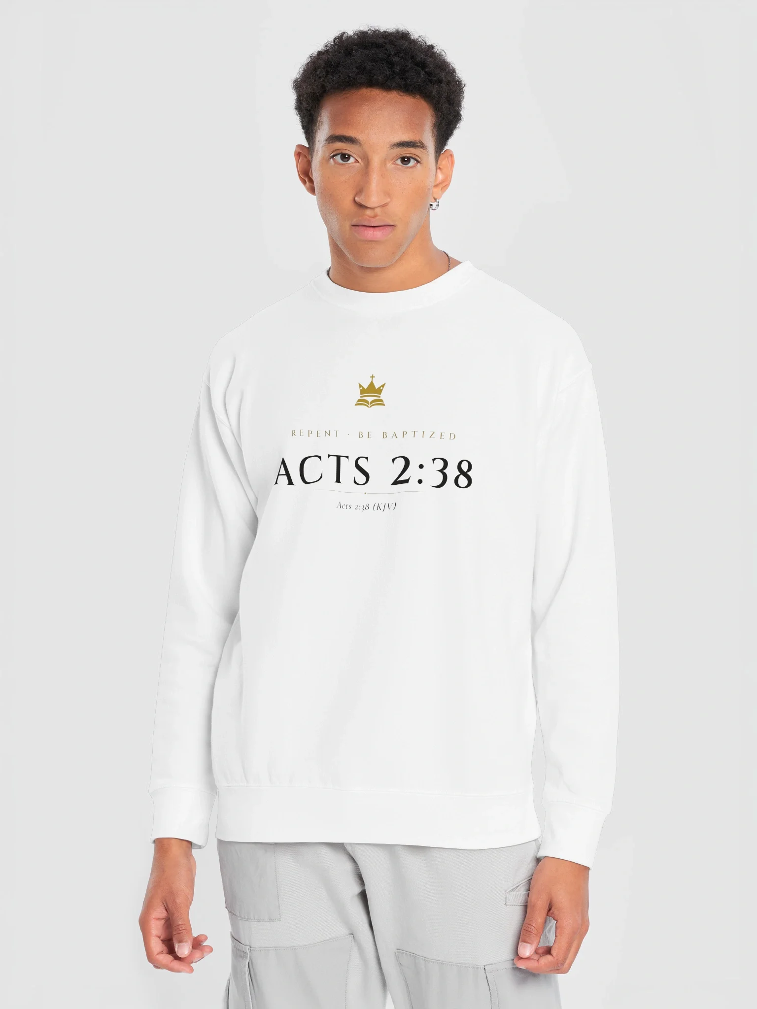 Acts 2:38 Crewneck - White, view 5 — Christ Is King crewneck