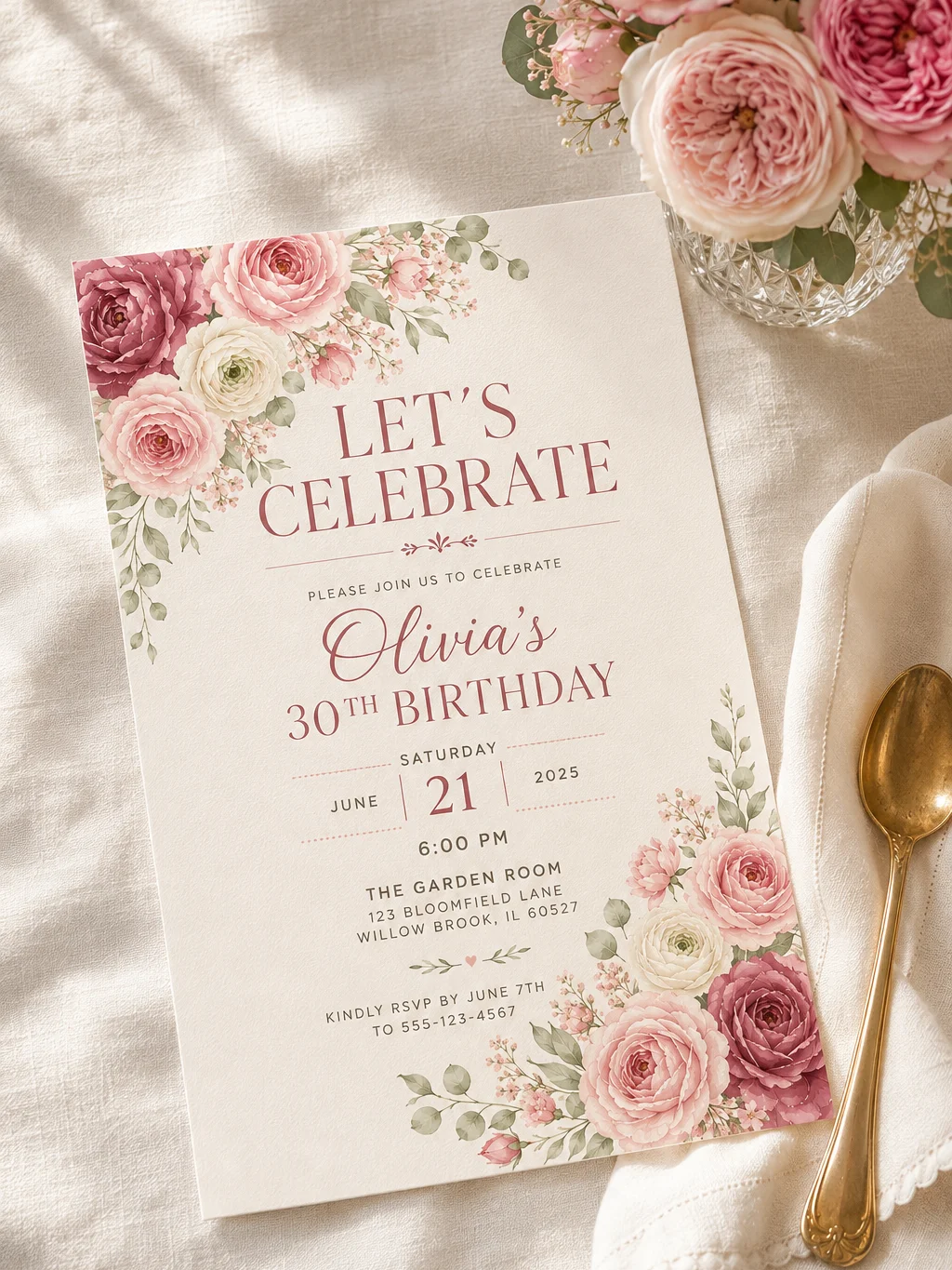 Blush Garden Birthday Invitation Template, Editable Canva Invite, Floral 30th Birthday Invitation, Printable Digital Download 5x7 product image (1)