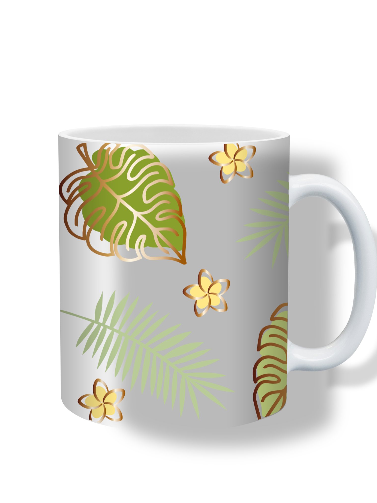 (Gold Border) Tropical Leaves and Flowers 11oz Coffee Mug – Nature-Inspired Ceramic Cup with Monstera and Floral Design – Perfect Gift for Plant Lovers product image (1)