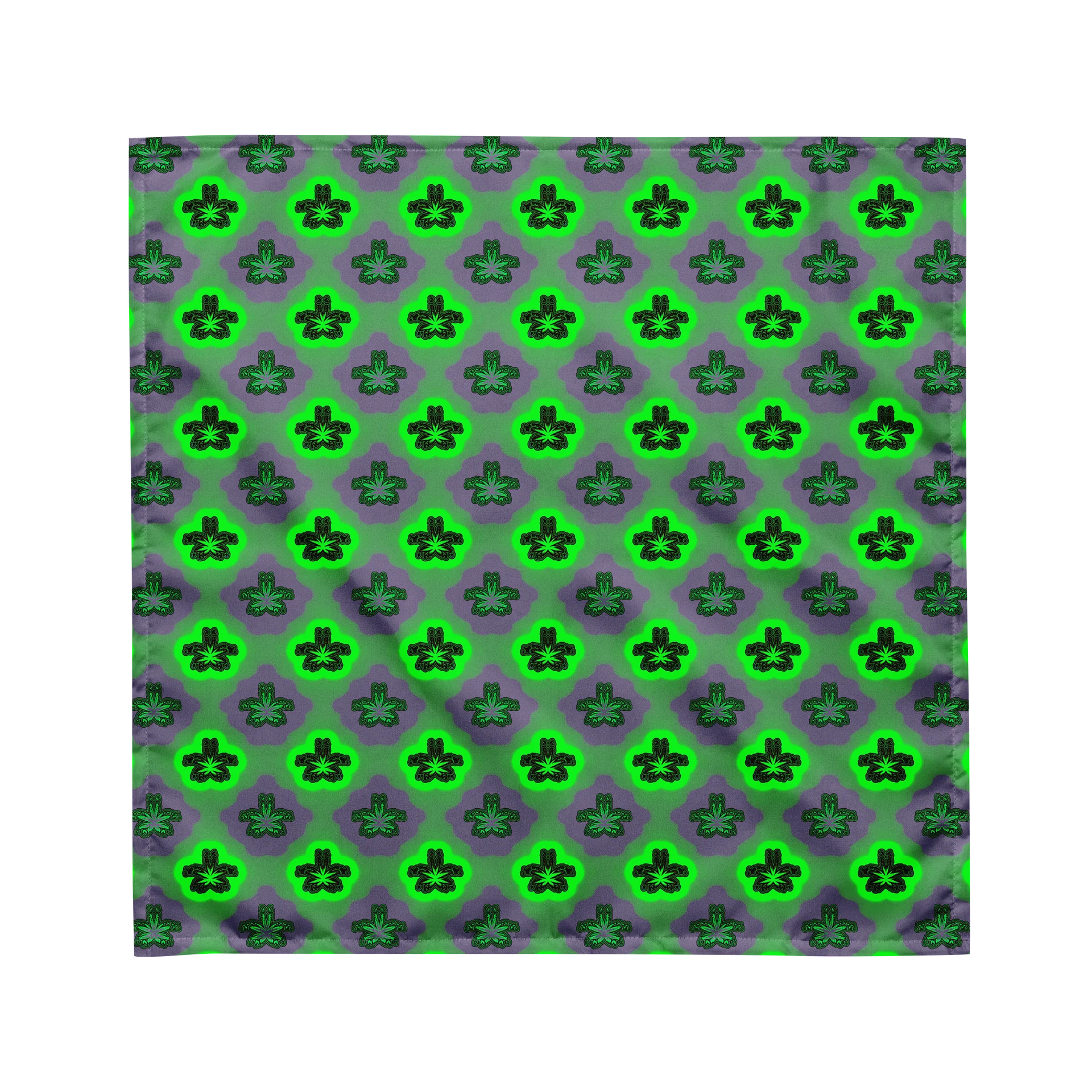Neon Green Purple Pot Leaf Pattern Bandana, Cannabis 420 Flower Art Accessory product image (1)