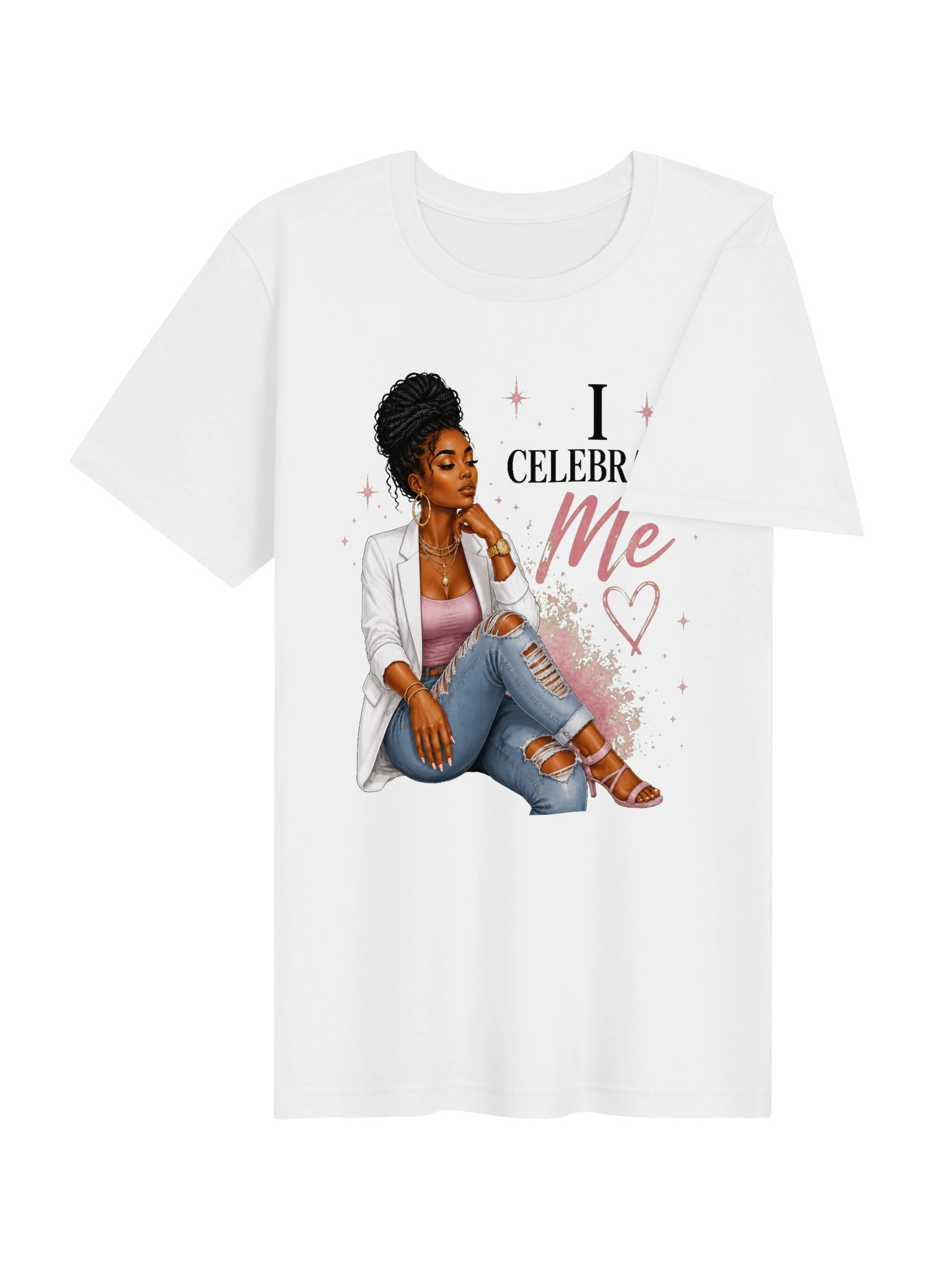 ADLEST Women's Self Love Motivational T-Shirt, I Celebrate Me Black Queen Cartoon Lady Pink Splash Heart Star Positive Quote Casual Loose Fit Top product image (104)