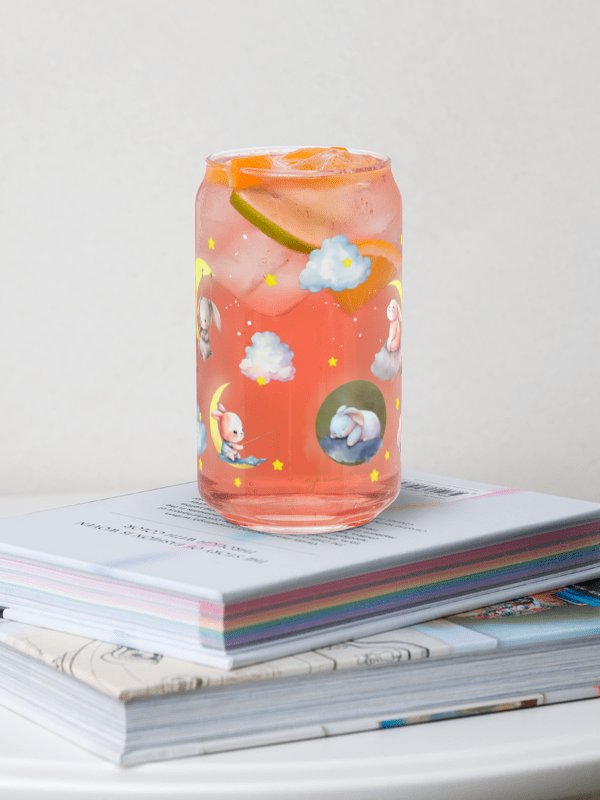 Bunny on the Moon Glass Sipper Can with Bamboo Lid & Straw – 16 oz | Whimsical Rabbit-Themed Can Glass | Cute Moon & Stars Design | Perfect for Iced Coffee, Smoothies, and More product image (8)