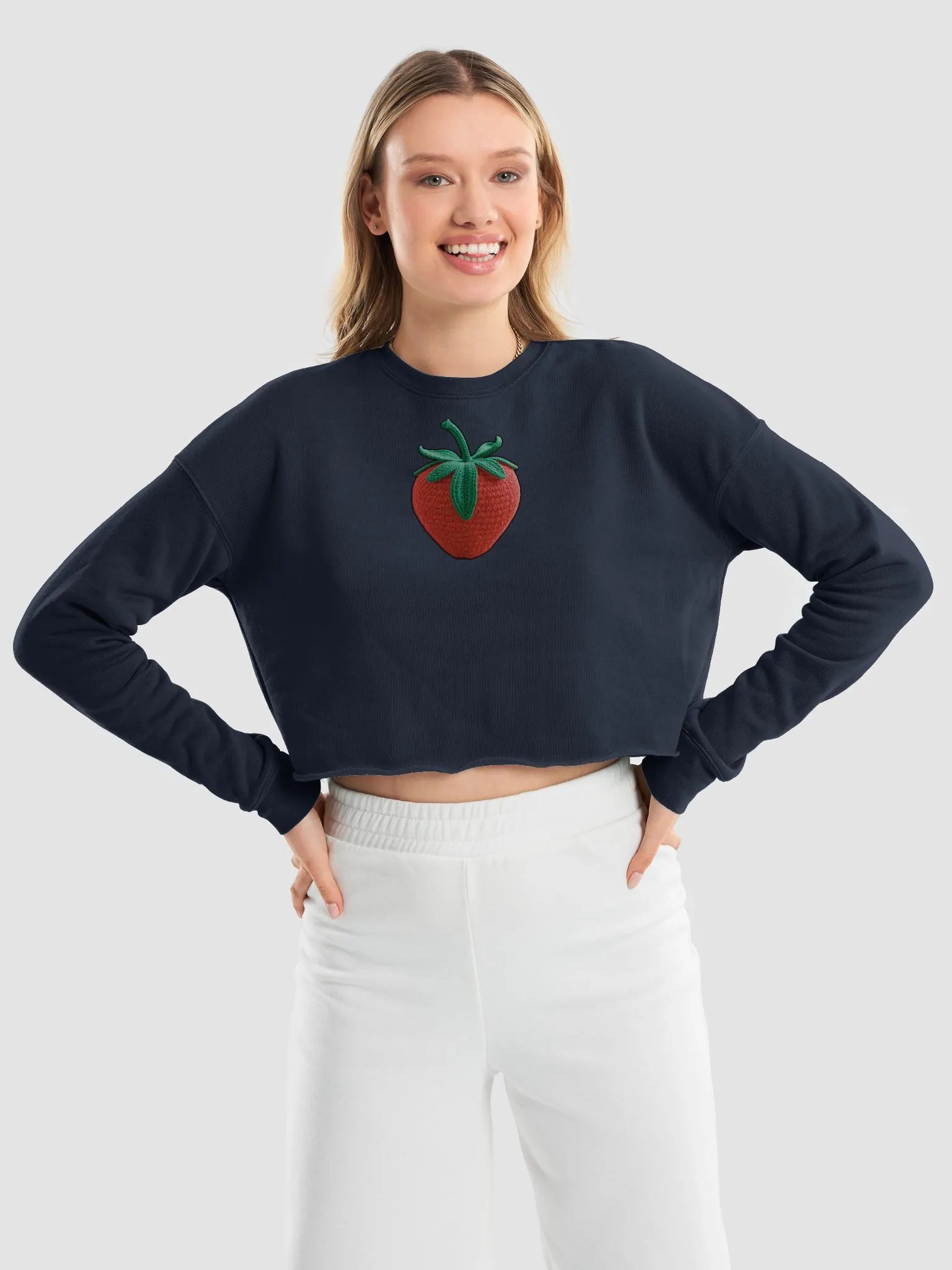 CozyAvocado Women's Navy Fleece Crop Sweatshirt Strawberry #1 product image (9)