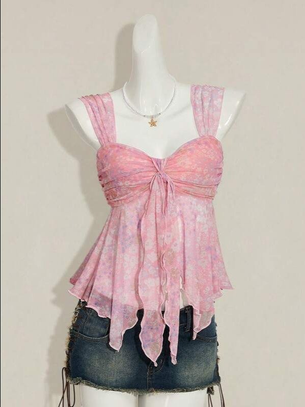 Ditsy Floral Asymmetrical Ruched Knot Cami Top | Women's Boho Wide Strap Mesh Blouse for Summer Vacation & Fall Outfits | ADLEST product image (1)