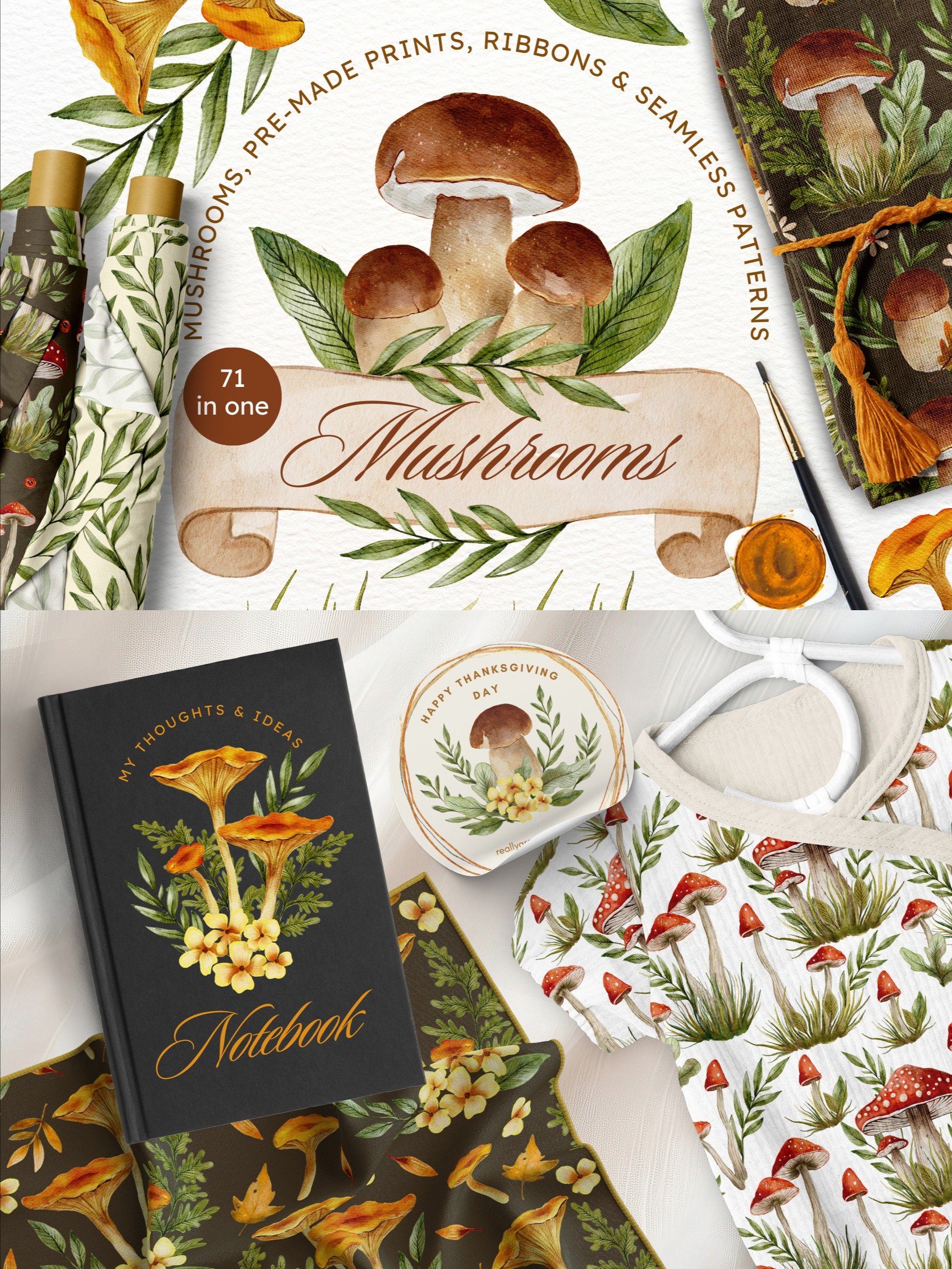 Mushroom Watercolor Fall - Graphics Bundle product image (1)