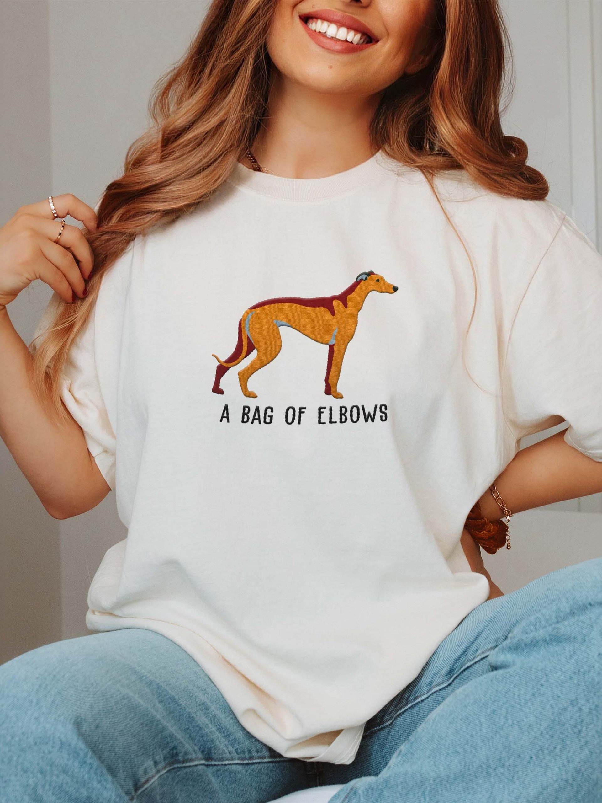 A Bag of Elbows T-Shirt(Embroidered) of a Greyhound(Tan) product image (2)