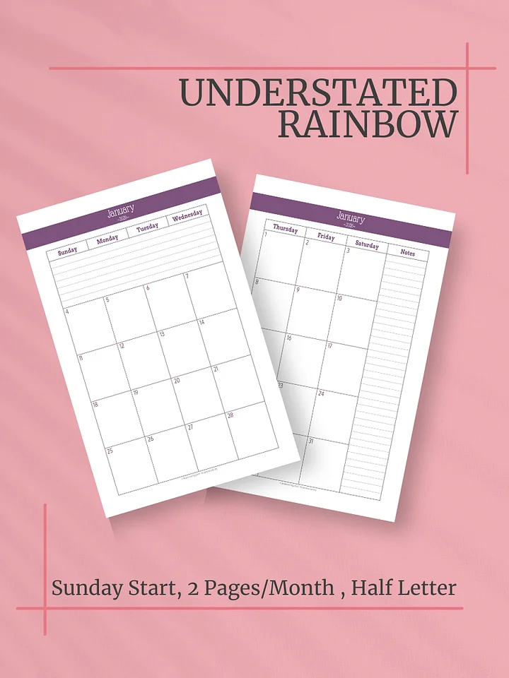 Understated Rainbow 2026 Calendar - 2 Pages per Month, Sunday Start, Half Letter Size product image (1)