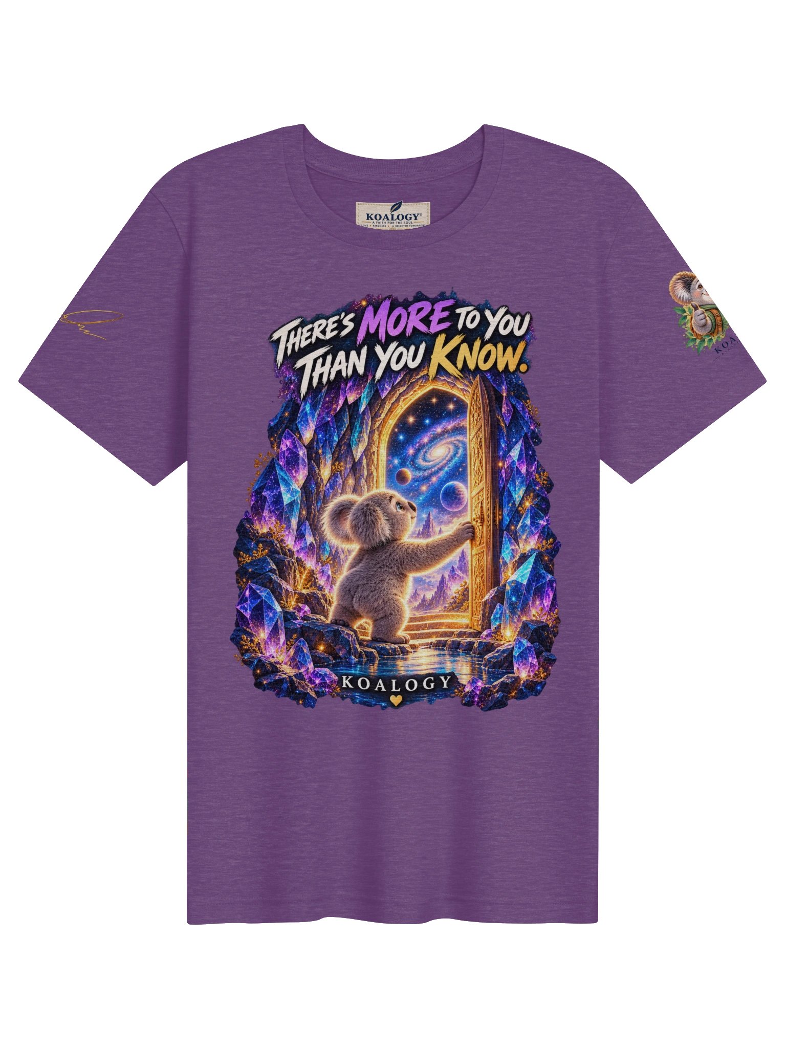 Heather purple Infinite Within tee with a koala opening a cosmic doorway