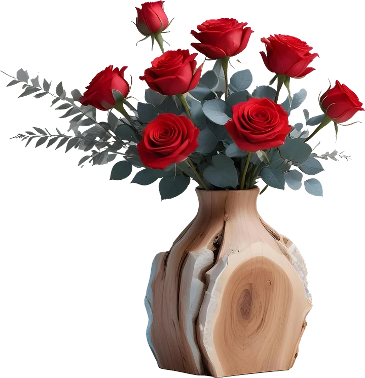 Natural Wooden Slice Vase with Red Roses PNG product image (1)