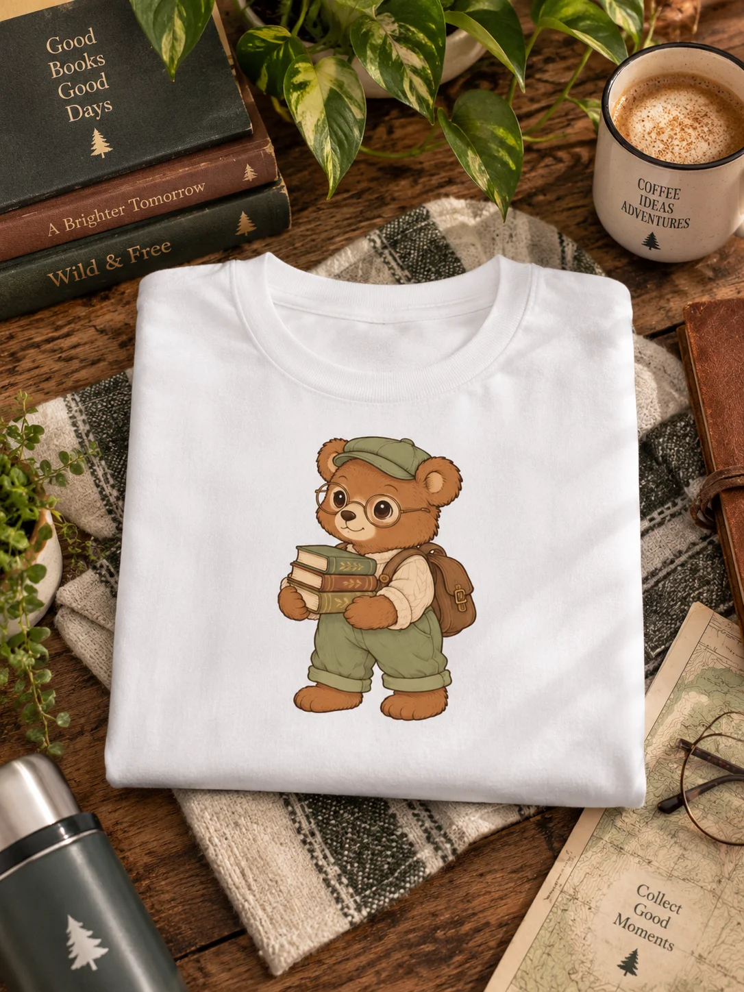 Women’s Cute Book Lover T-Shirt | Teddy Bear Reading Books Graphic Tee product image (1)