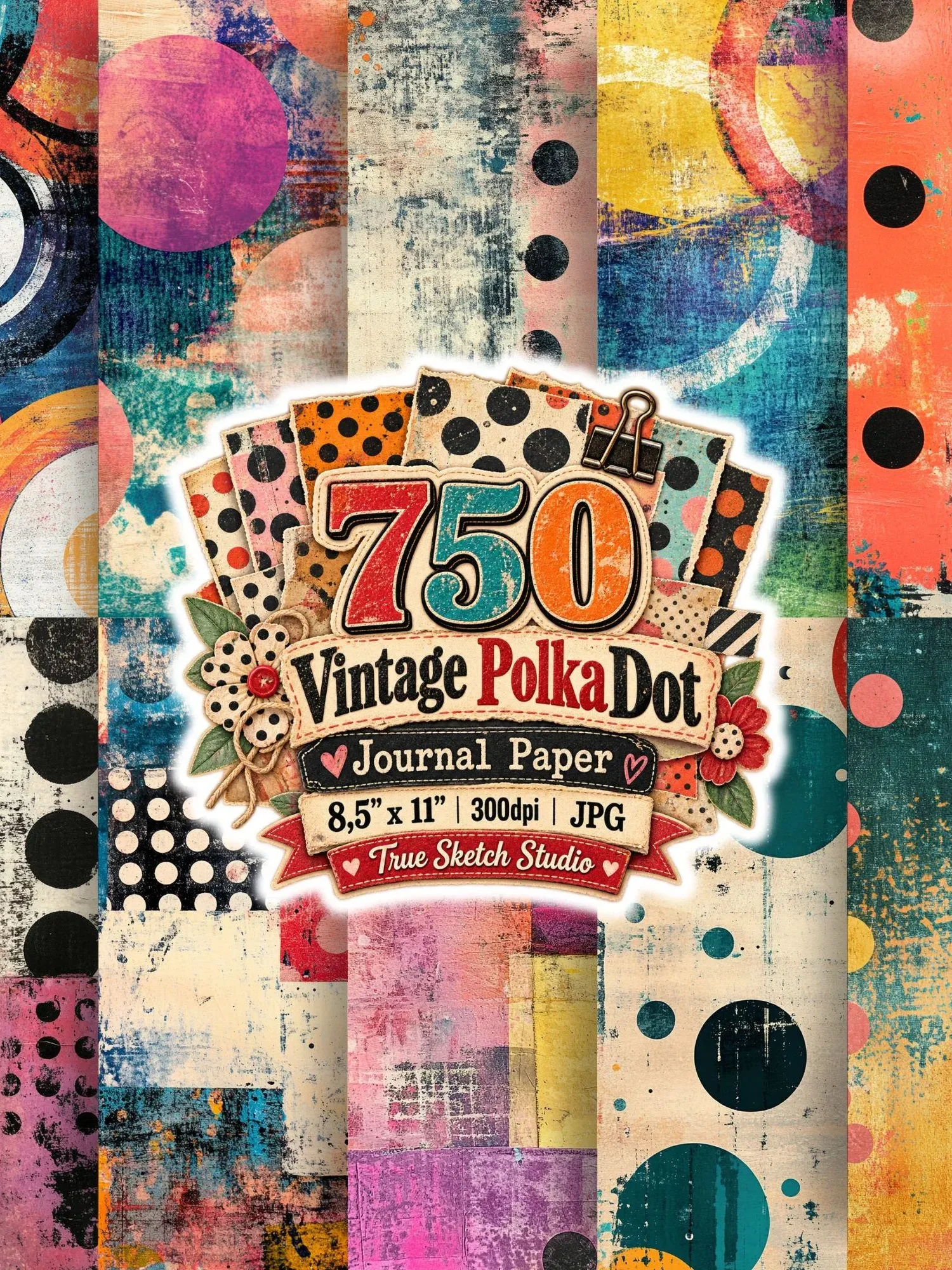 750 Vintage Polka Dot Digital Paper Bundle, Grunge Junk Journal Backgrounds, Retro Scrapbook Pages, US Letter 300DPI JPG, Printable Download product image (7)